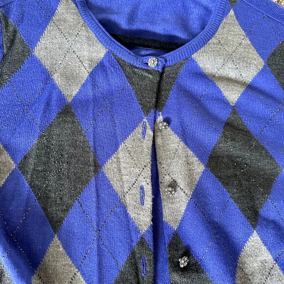 New York & Company Argyle Button Up Cardigan Sweater With Jeweled Buttons - Picture 2 of 5